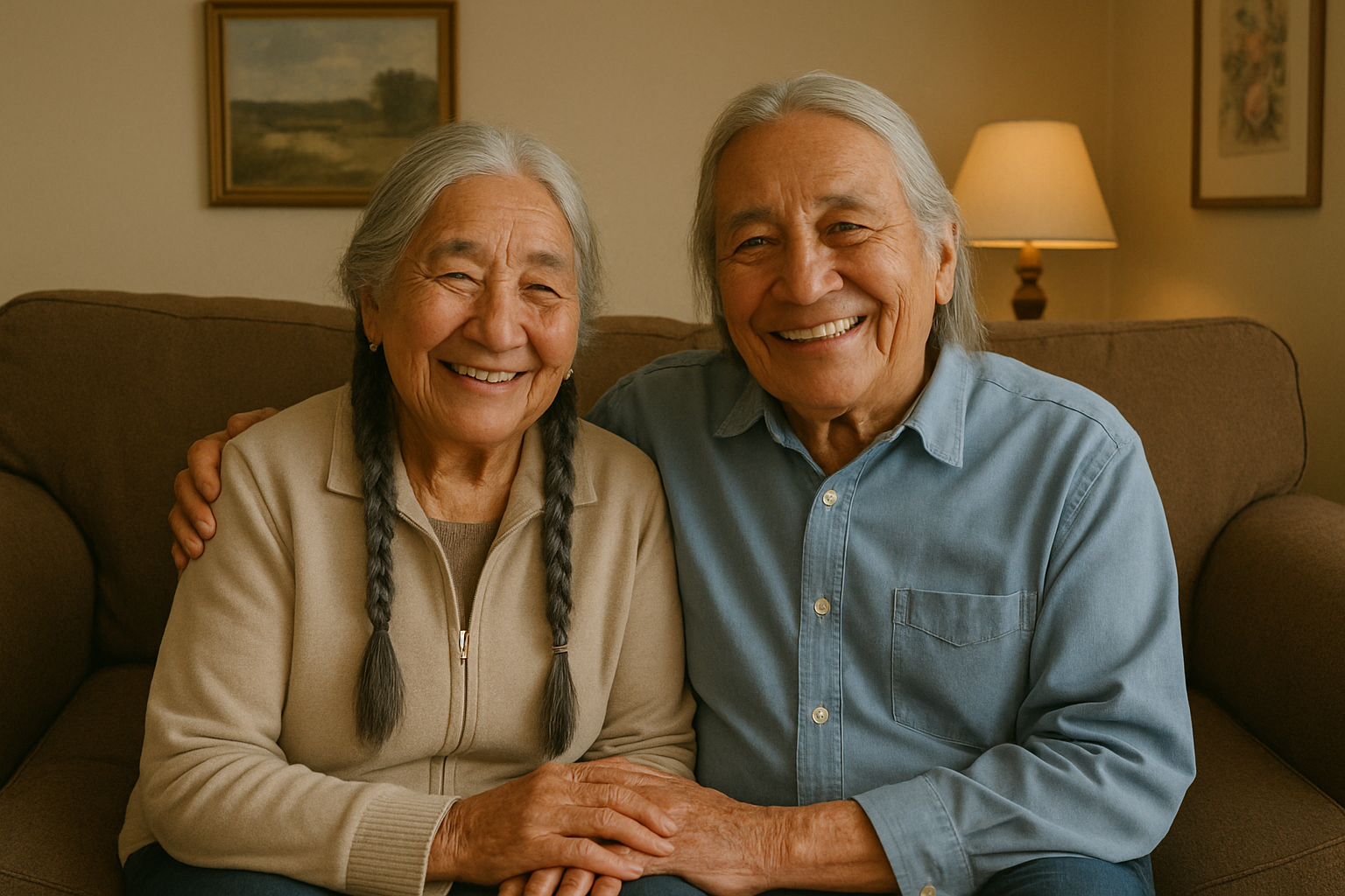 elderly Native American couple sitting together on a sofa holding hands.